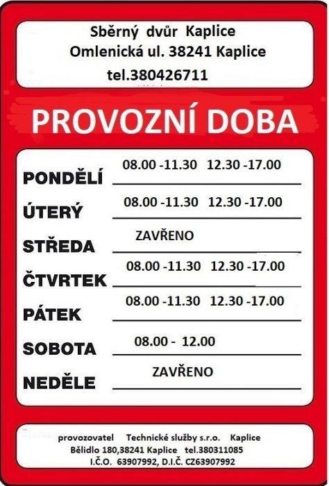 Nová pracovní doba Sběrného dvora v Kaplici platná od 2.5.2025